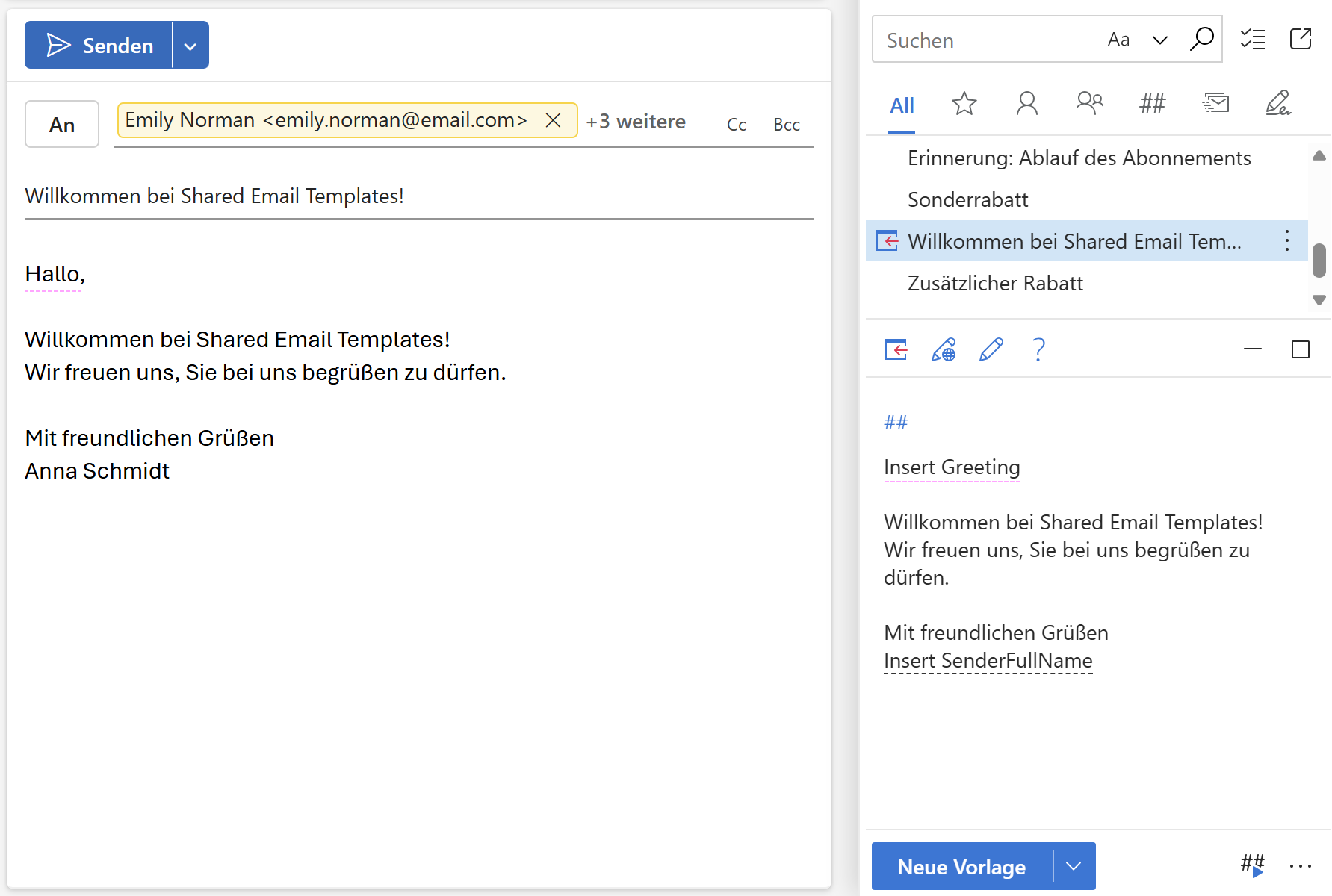 Fügen Sie mithilfe einer Outlook-E-Mail-Vorlage automatisch eine Anrede für mehrere Empfänger ein. Fügen Sie mithilfe einer Outlook-E-Mail-Vorlage automatisch eine Anrede für mehrere Empfänger ein.
