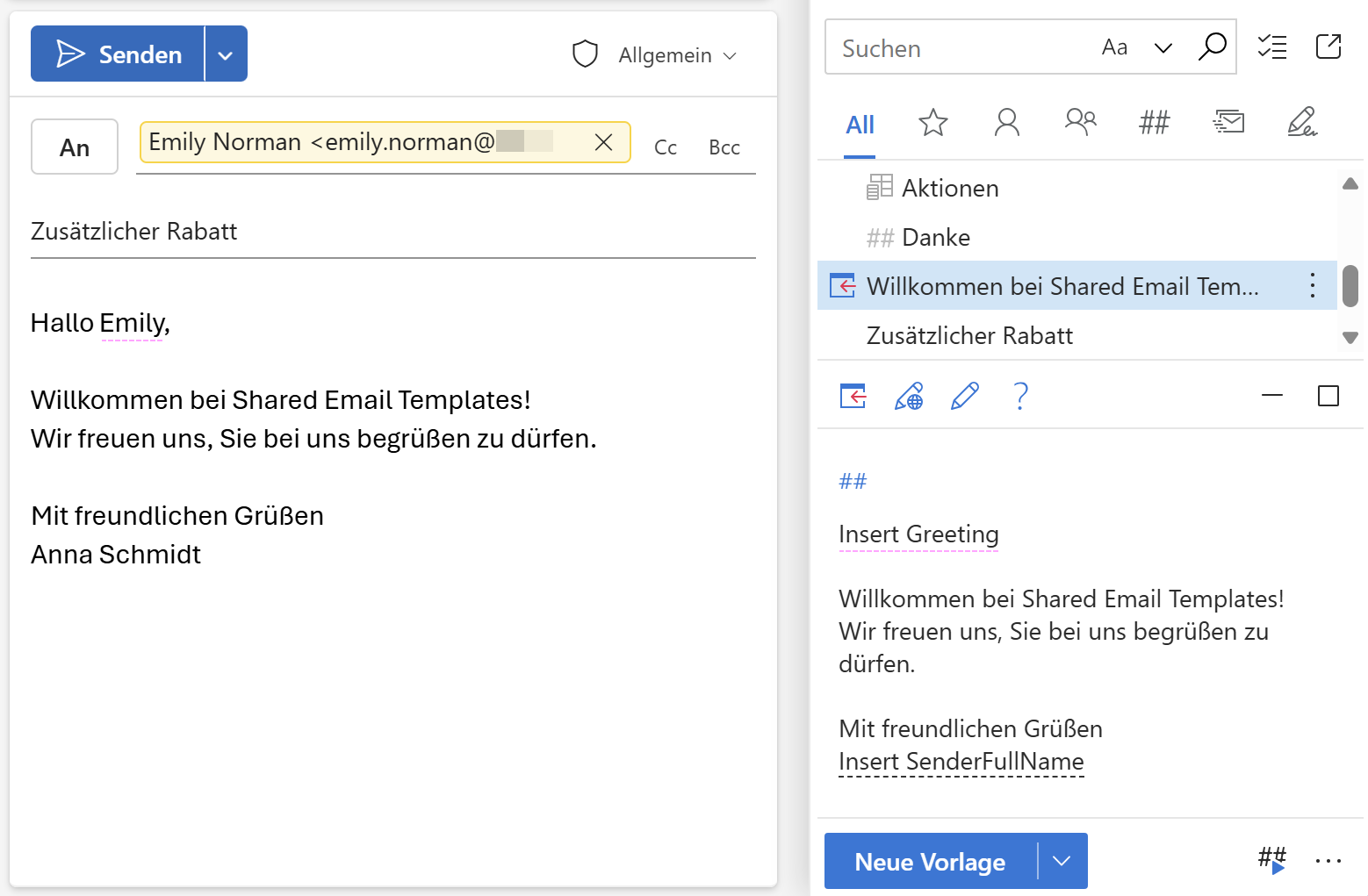 Fügen Sie mithilfe einer Outlook-E-Mail-Vorlage automatisch eine Anrede für einen einzelnen Empfänger ein. Fügen Sie mithilfe einer Outlook-E-Mail-Vorlage automatisch eine Anrede für einen einzelnen Empfänger ein.