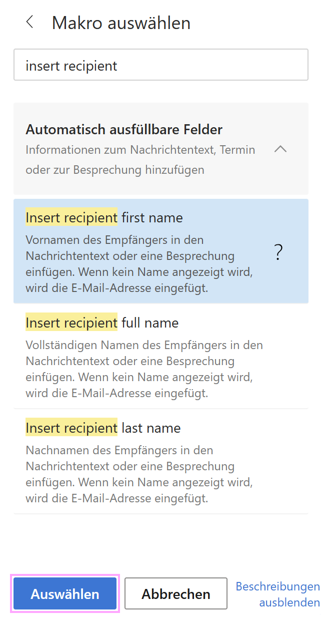 Fügen Sie den Namen des Empfängers in eine E-Mail-Vorlage ein. Fügen Sie den Namen des Empfängers in eine E-Mail-Vorlage ein.