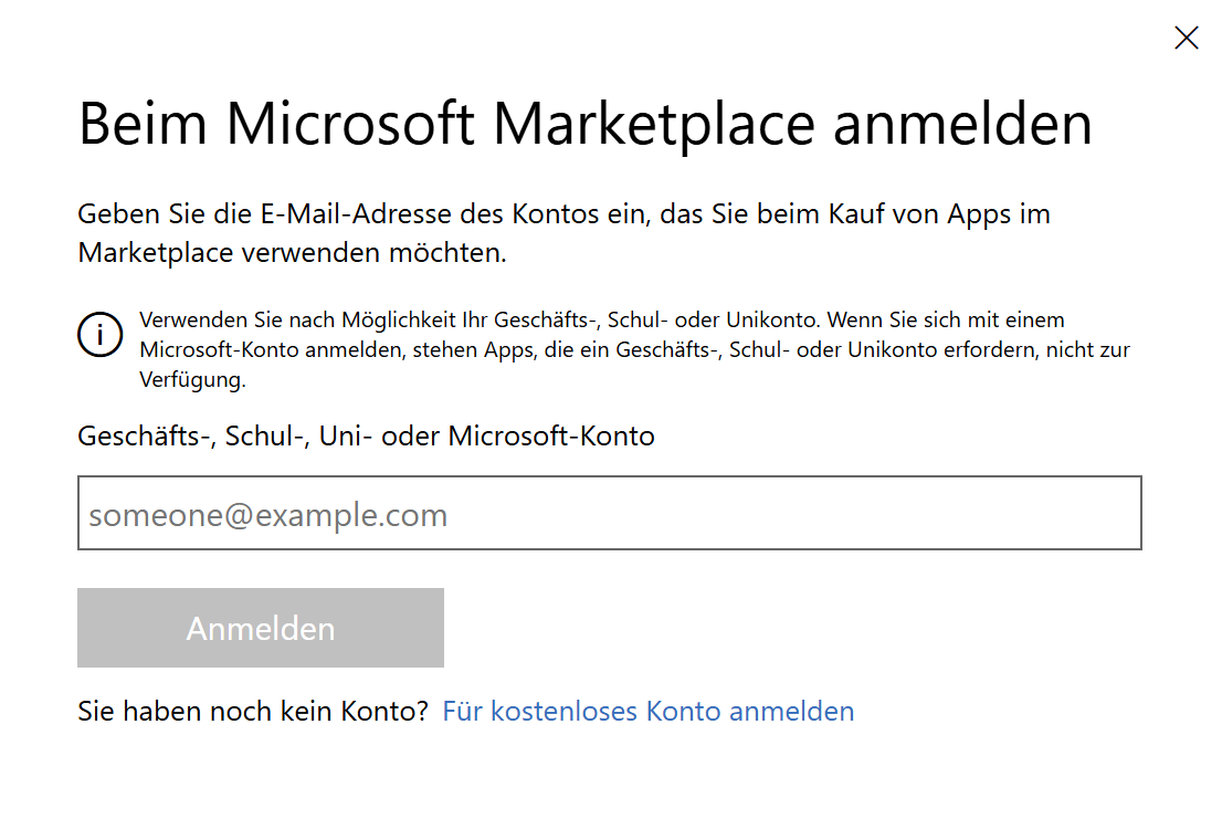 Melden Sie sich beim Microsoft Marketplace an.