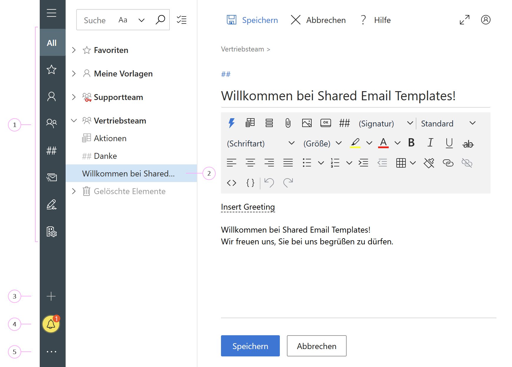 Die Shared Email Templates-App in einem Browser.