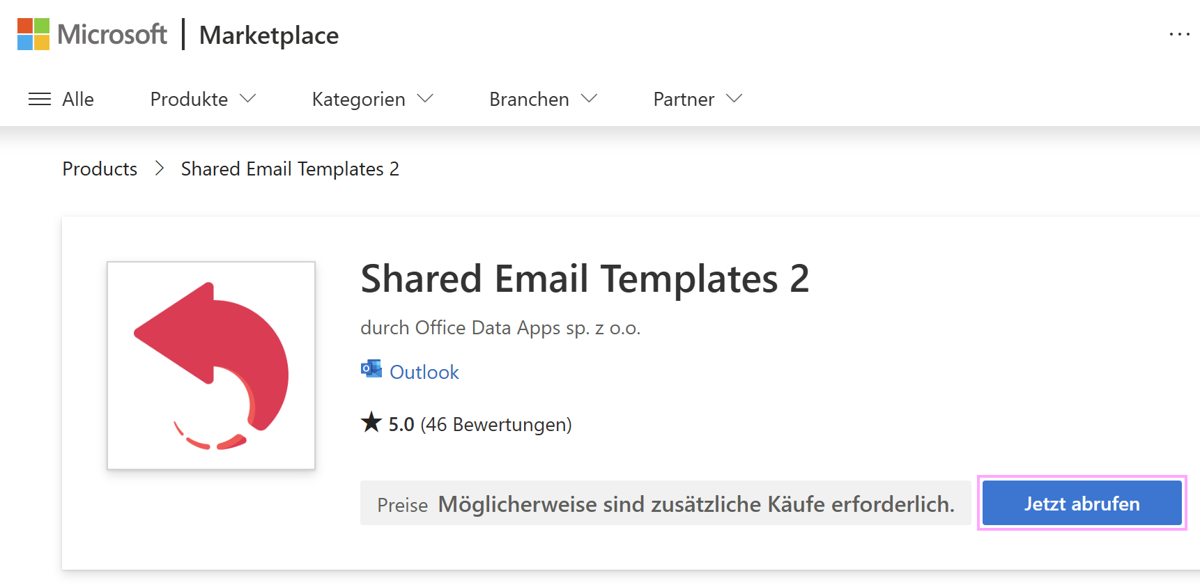 Beziehen Sie Shared Email Templates für Outlook über den Microsoft Marketplace.