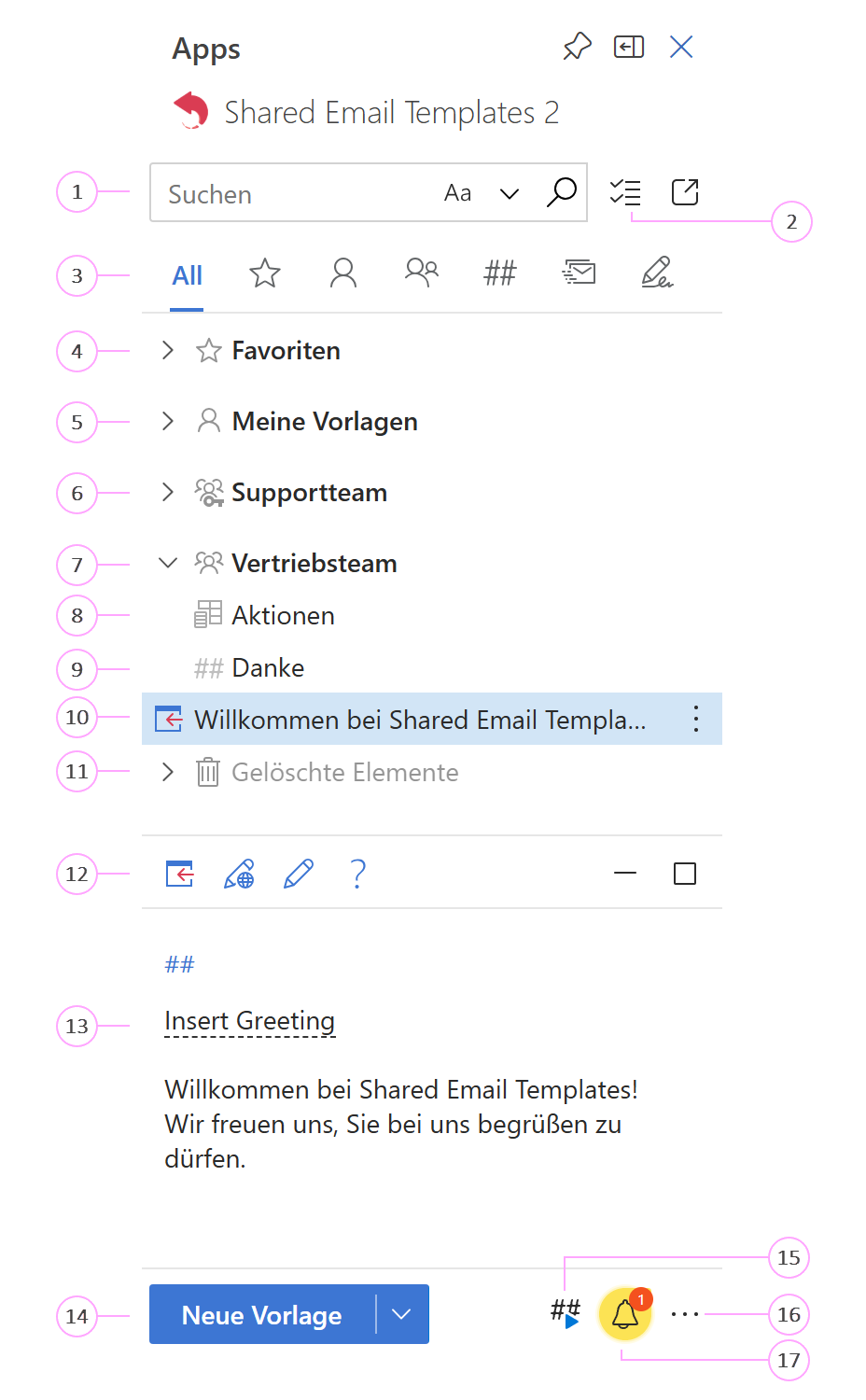 Der Bereich „Shared Email Templates“.