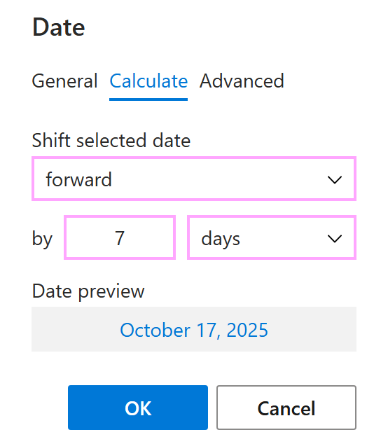 The Calculate tab in the Date dialog