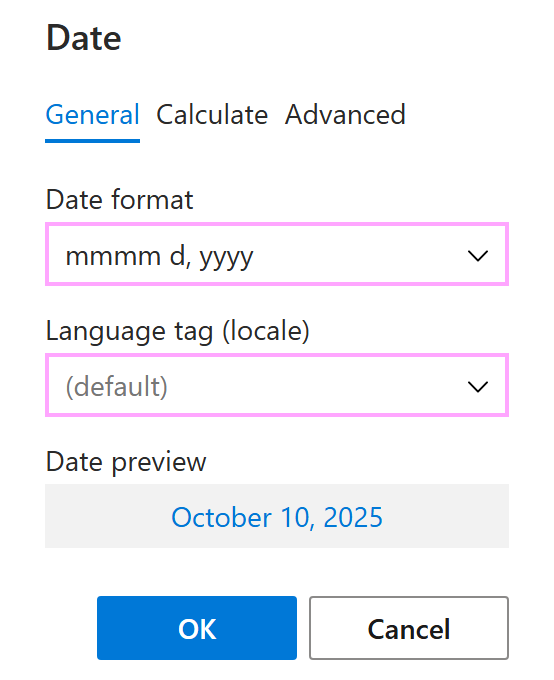 The General tab in the Date dialog