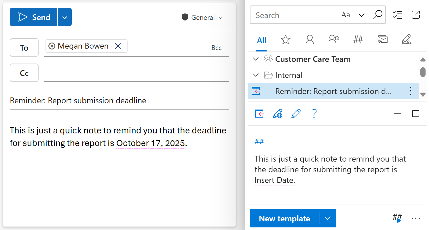 A shared email template with an auto-fillable date field in an Outlook email
