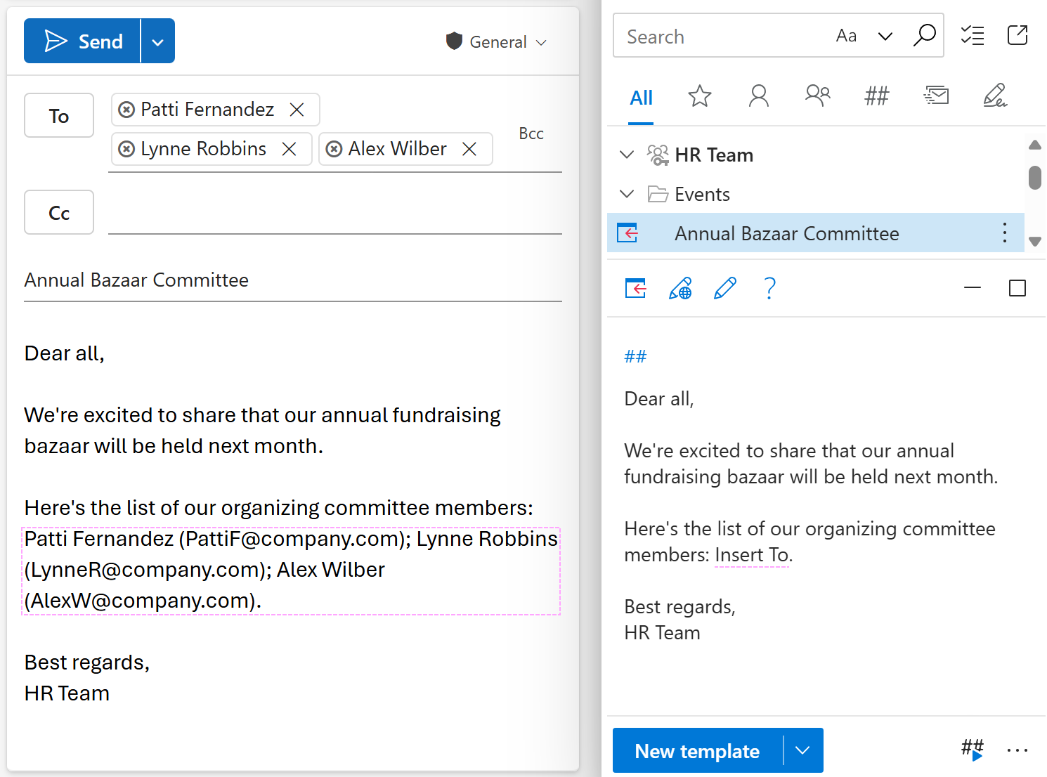 Content from the To field inserted into the message body with an Outlook email template