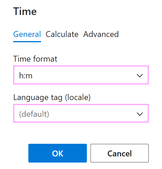 The General tab in the Time dialog The General tab in the Time dialog