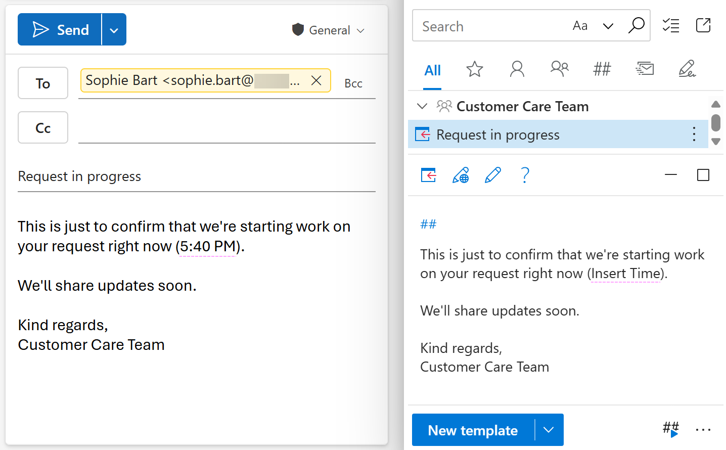 A shared email template with an auto-fillable time field in an Outlook email A shared email template with an auto-fillable time field in an Outlook email