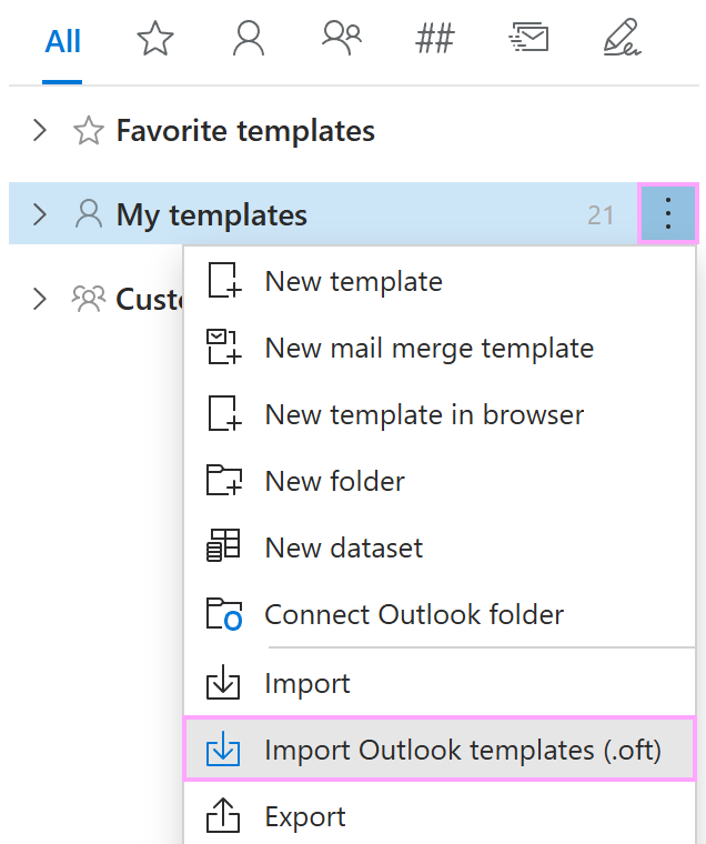 The Import Outlook templates (.oft) option selected on the Shared Email Templates pane. The Import Outlook templates (.oft) option selected on the Shared Email Templates pane.