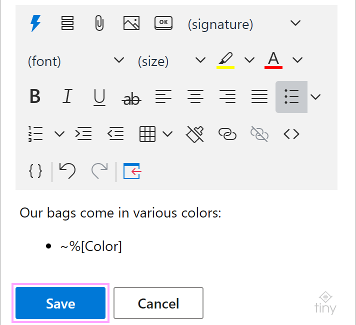 An email template with a list bound to the dataset.