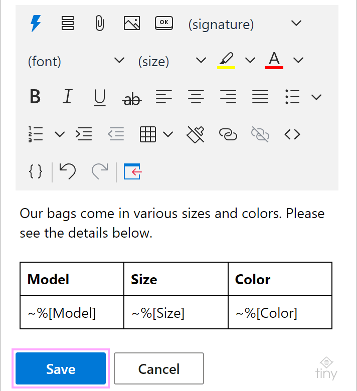 An email template with a table bound to the dataset.