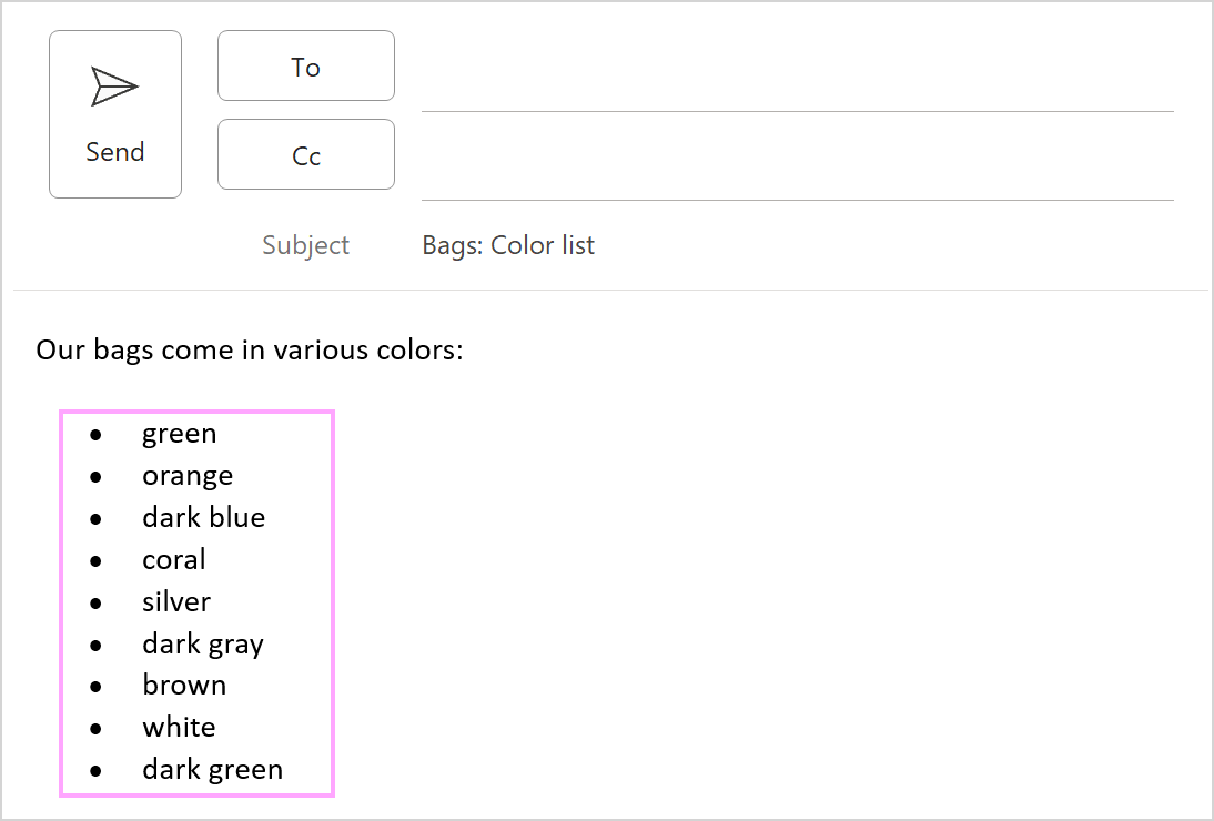 A list populated with dataset values is in an Outlook email.