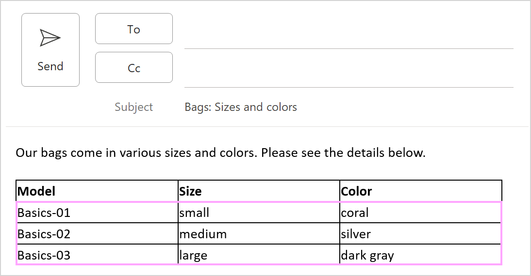 A table is auto-filled with dataset values in an Outlook email.