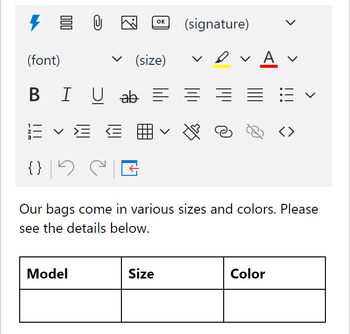 Insert a table into an Outlook email template.