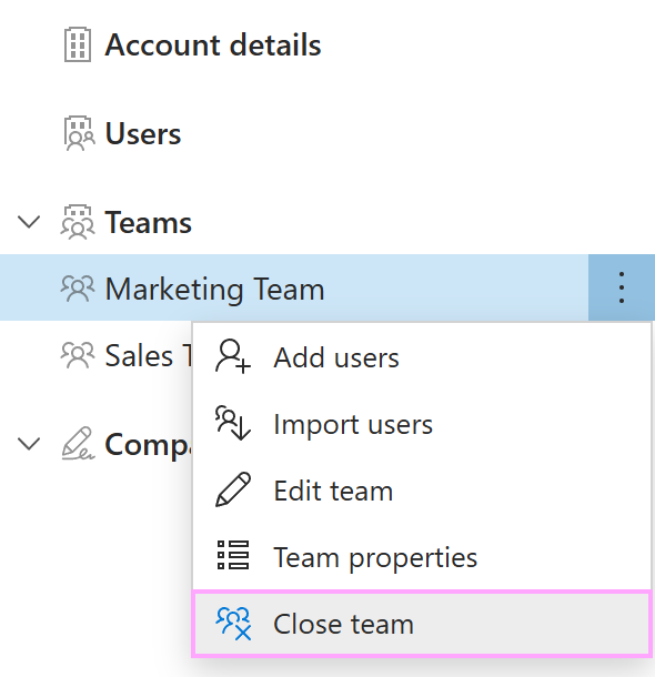 The Close team option on the team context menu