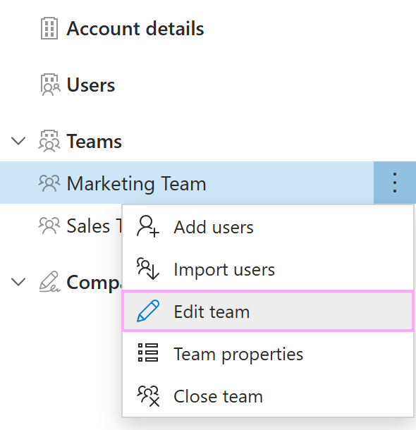 The Edit team option on the team context menu