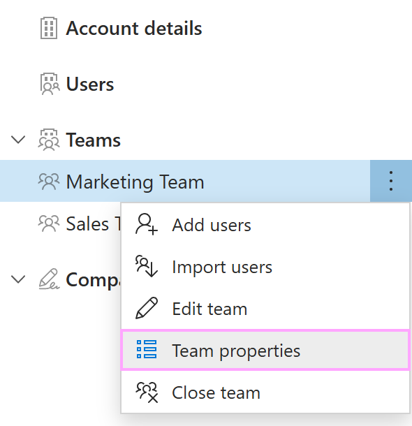 The Team properties option on the team context menu