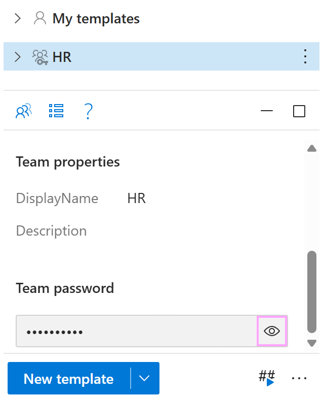 The team password box with the eye icon in the team's preview