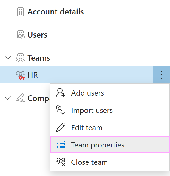 The team properties option on the team context menu