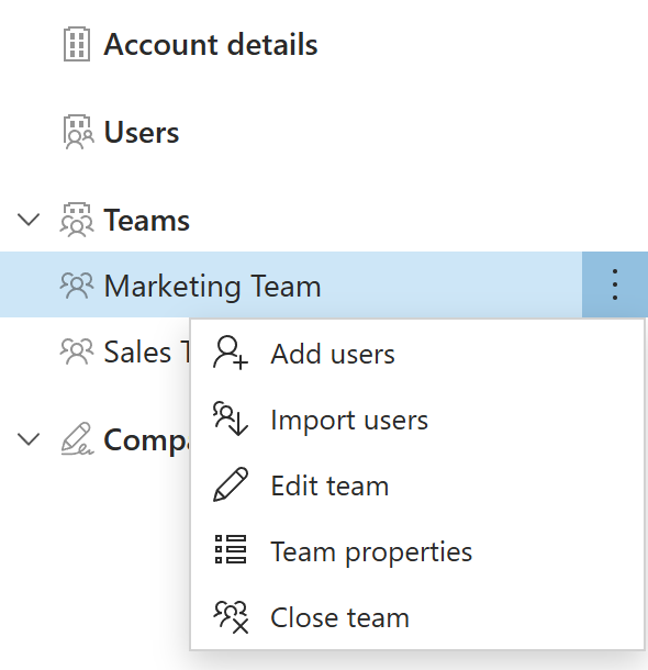Options on the team context menu