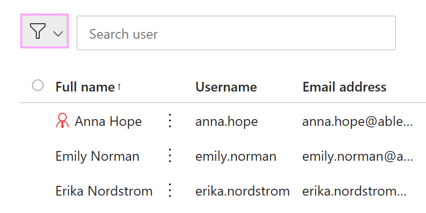 The Filter icon above a user list The Filter icon above a user list