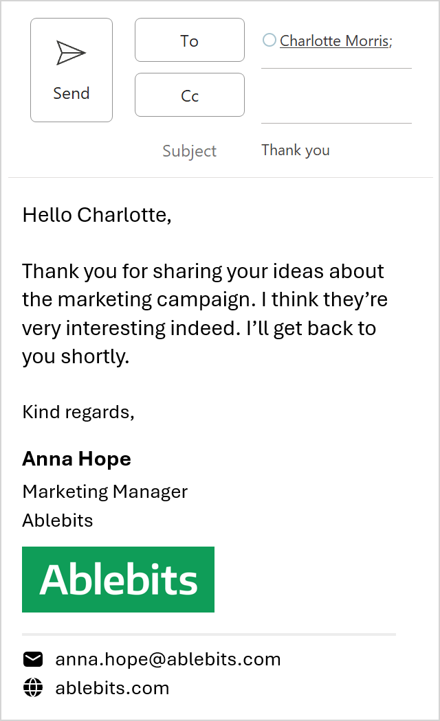 A company-wide signature in an Outlook message with user details updated automatically.