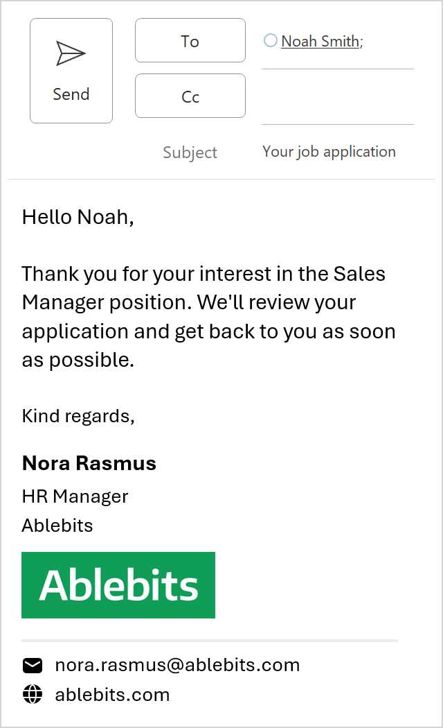 A company-wide signature in an Outlook message with user details updated automatically.