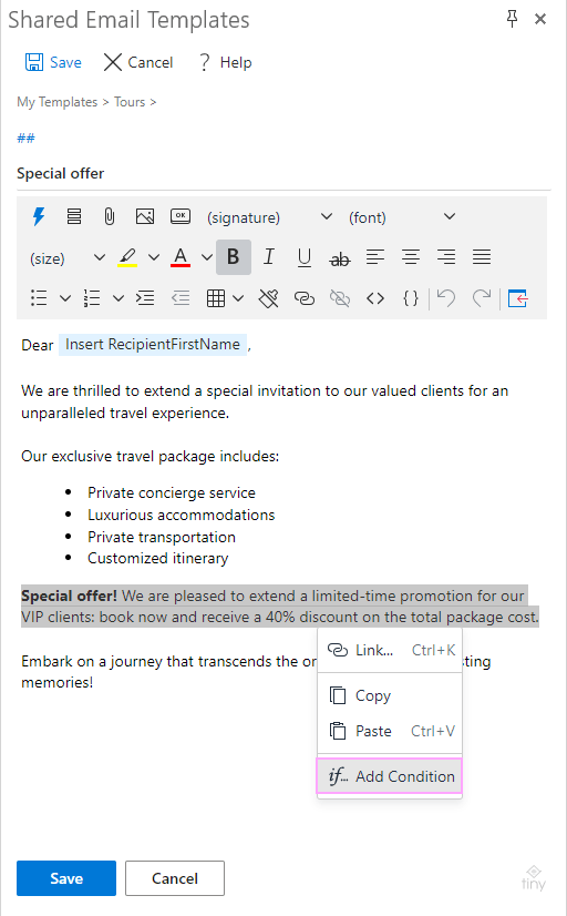 Add a condition for a specific element within the Outlook email template.