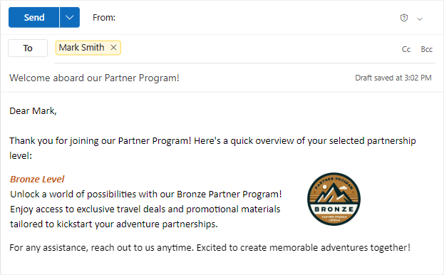 A nested email template is automatically inserted into the message based on a condition.