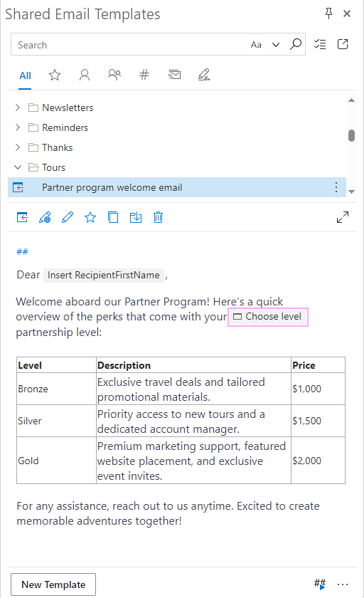 A dropdown menu is added to an Outlook email template.