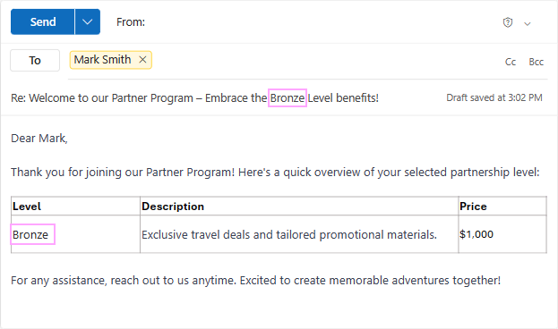 The relevant table row is inserted based on the subject line.
