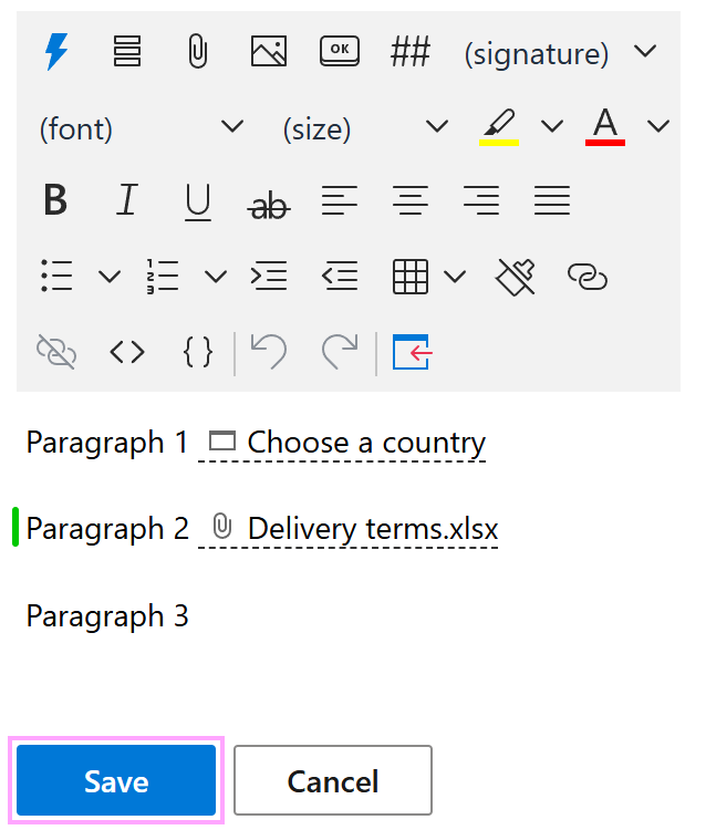 A green indicator in a template that contains the WhatToEnter (WTE) macro