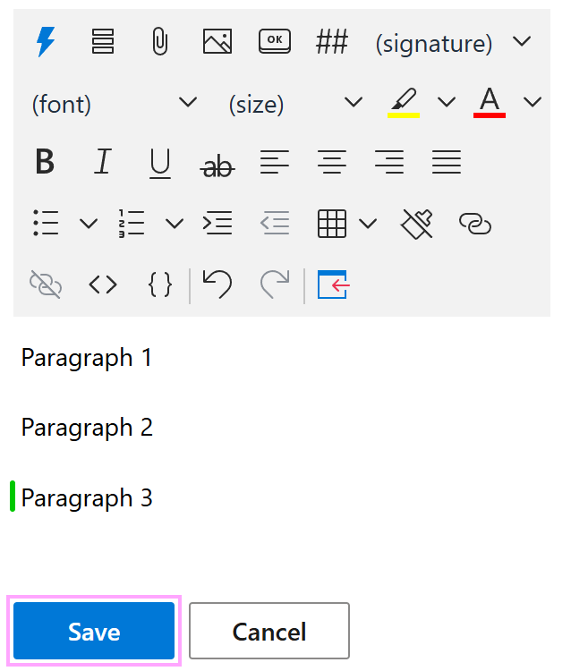 A green indicator in a sample template