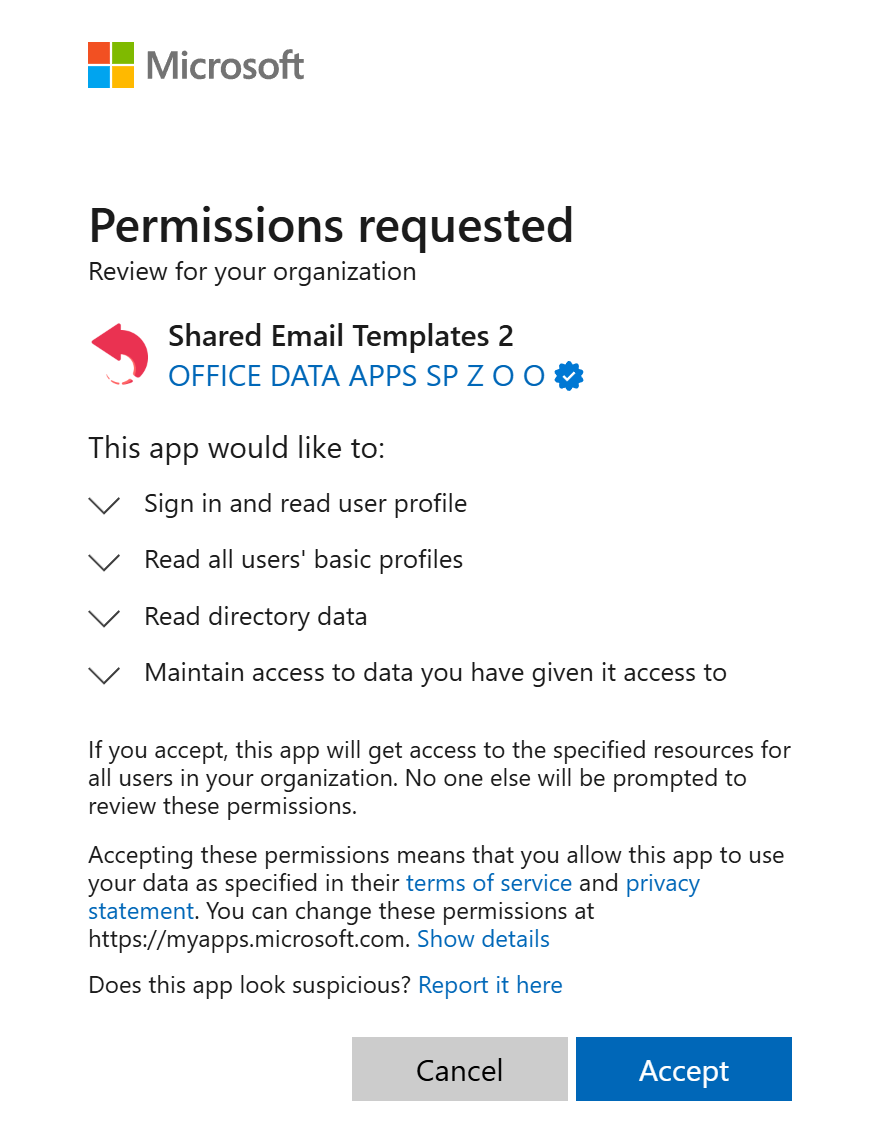Permissions requested dialog shown in the Microsoft Entra admin center Permissions requested dialog shown in the Microsoft Entra admin center