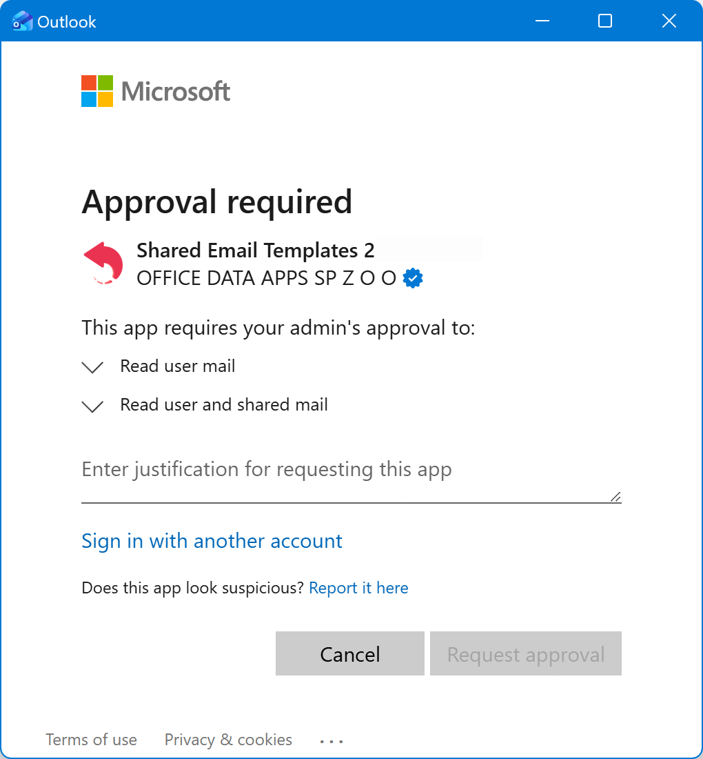 Approval required dialog shown when connecting an Outlook folder Approval required dialog shown when connecting an Outlook folder