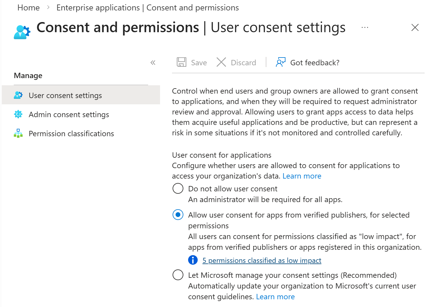 User consent settings for enterprise apps in the Microsoft Entra admin center User consent settings for enterprise apps in the Microsoft Entra admin center