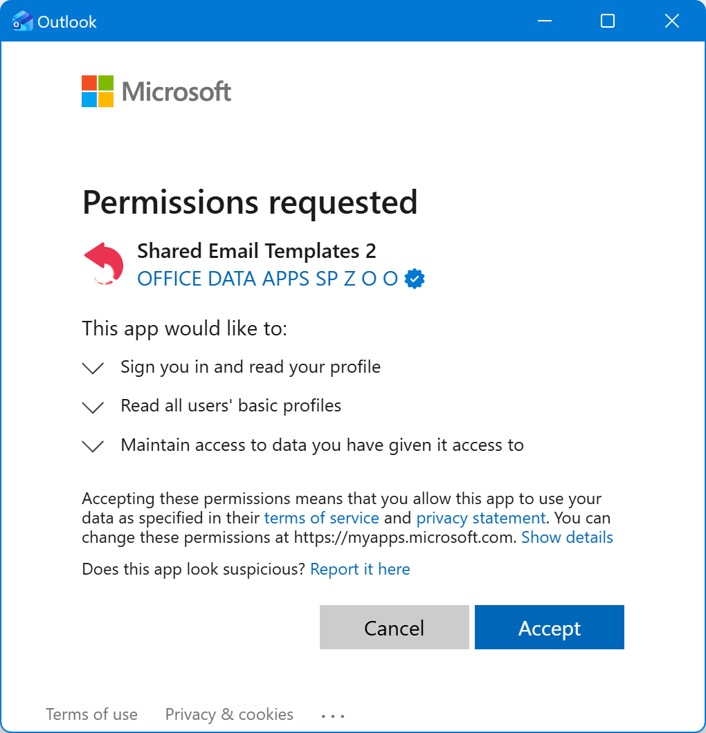 Permission request dialog shown when signing in with Microsoft for the first time