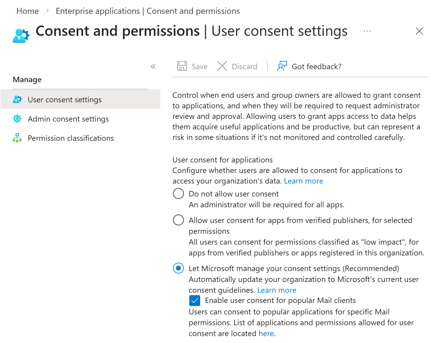 User consent settings for enterprise apps in the Microsoft Entra admin center