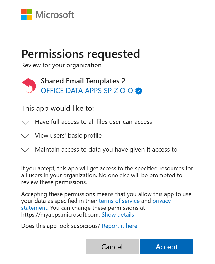 Permissions requested dialog shown in the Microsoft Entra admin center