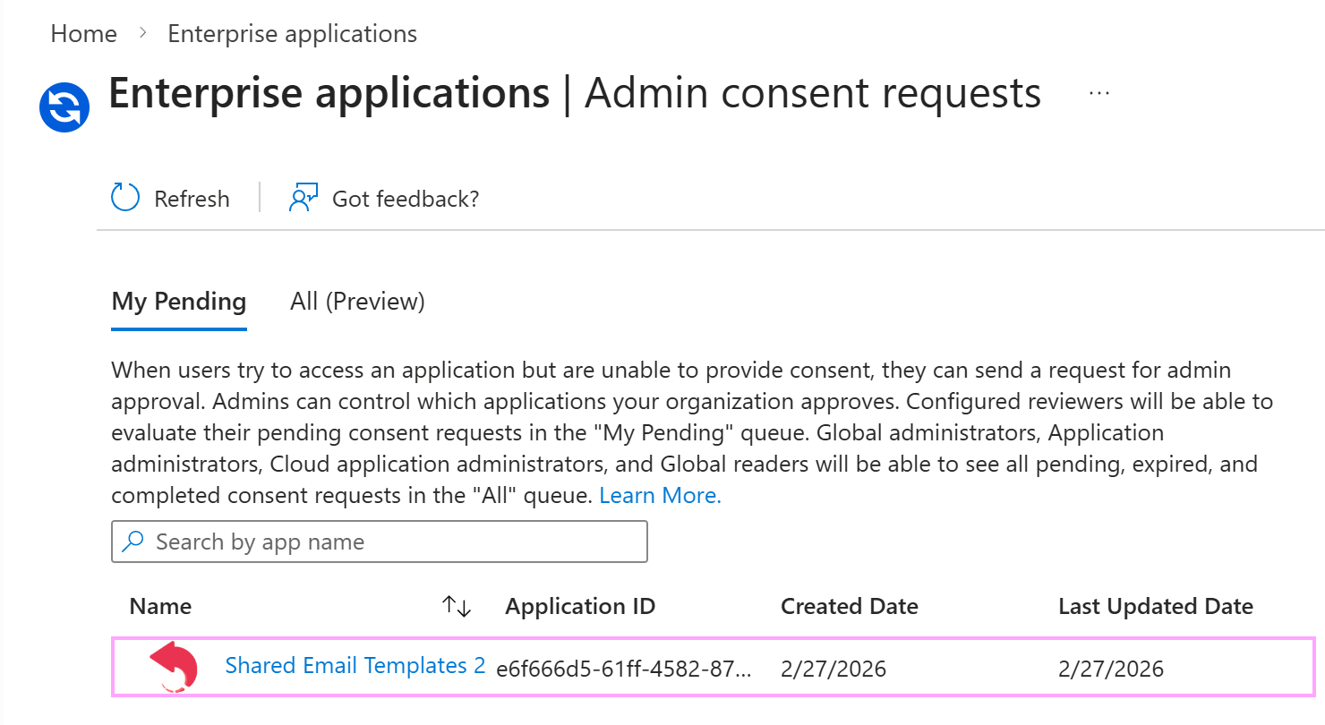 A pending request for Shared Email Templates 2