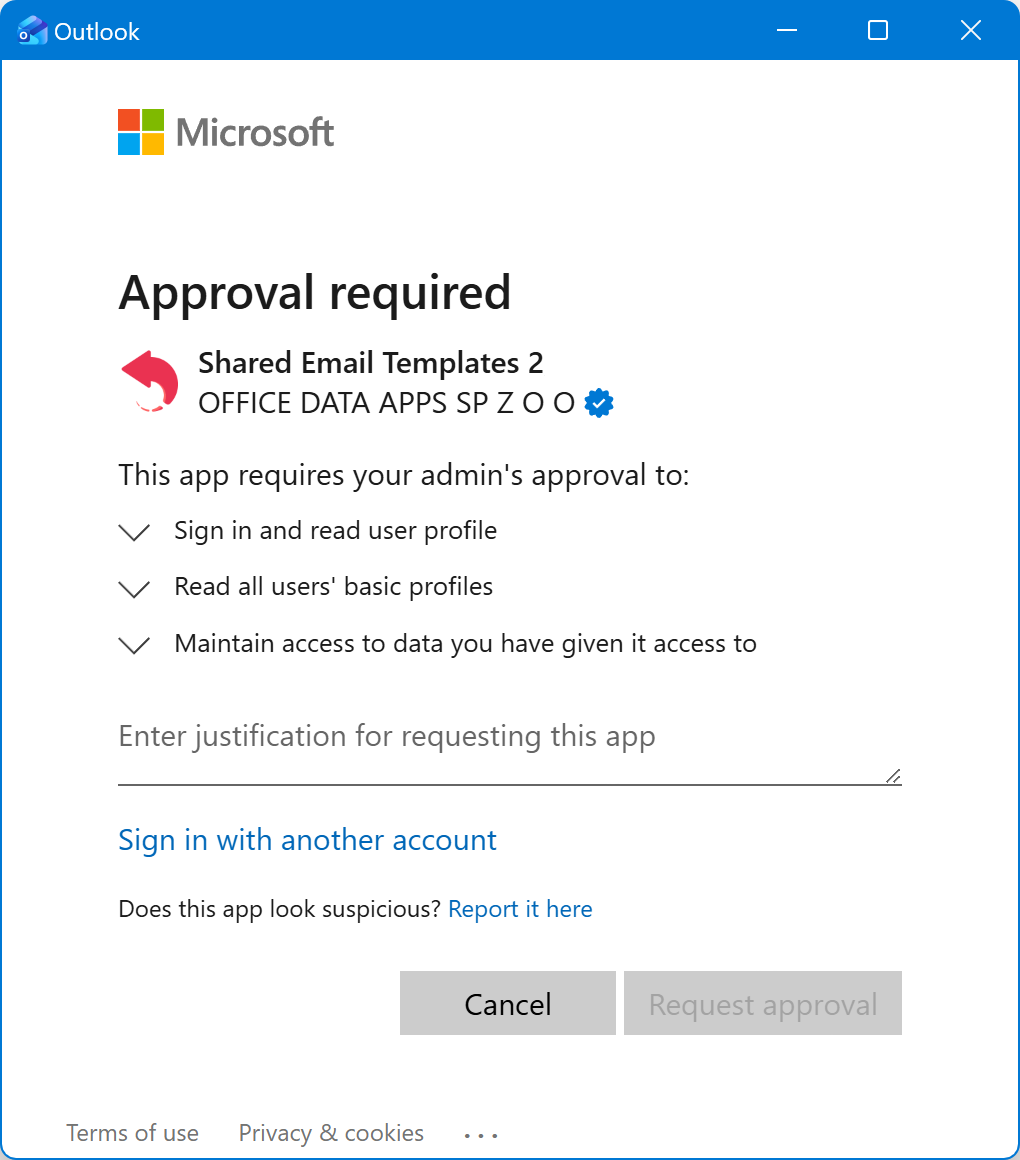 Approval required dialog shown when signing in with Microsoft for the first time