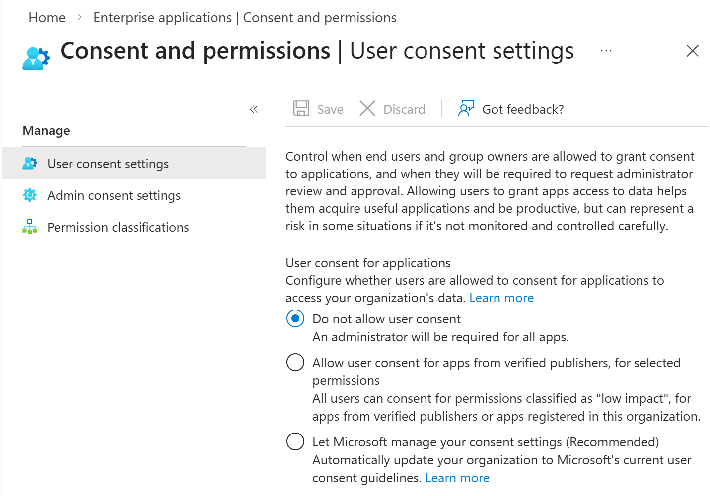 User consent settings for enterprise apps in the Microsoft Entra admin center