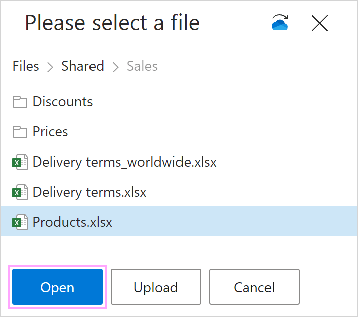 Choose an Excel file to connect to your dataset.