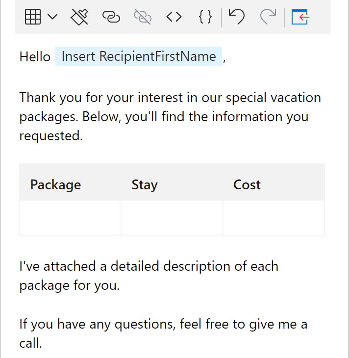 Insert a table into an Outlook email template.
