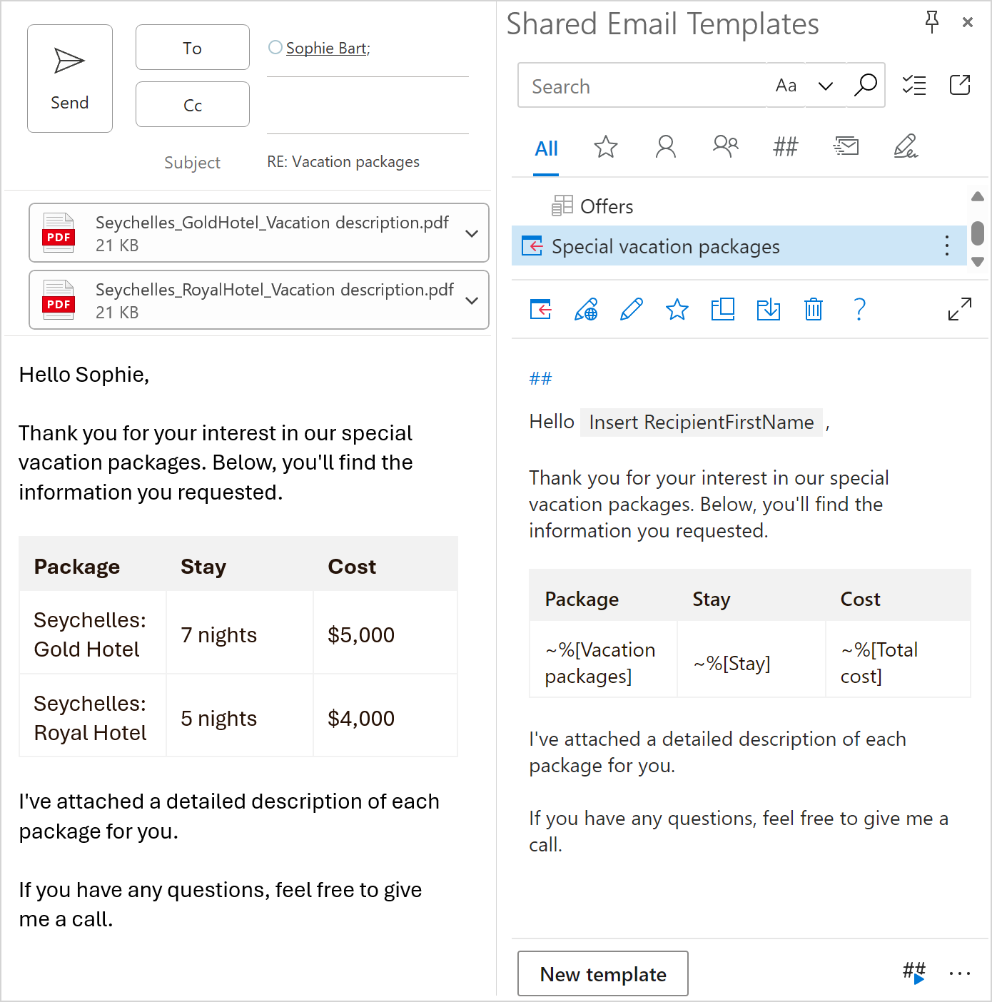 The filled table and attached files are in an Outlook email.