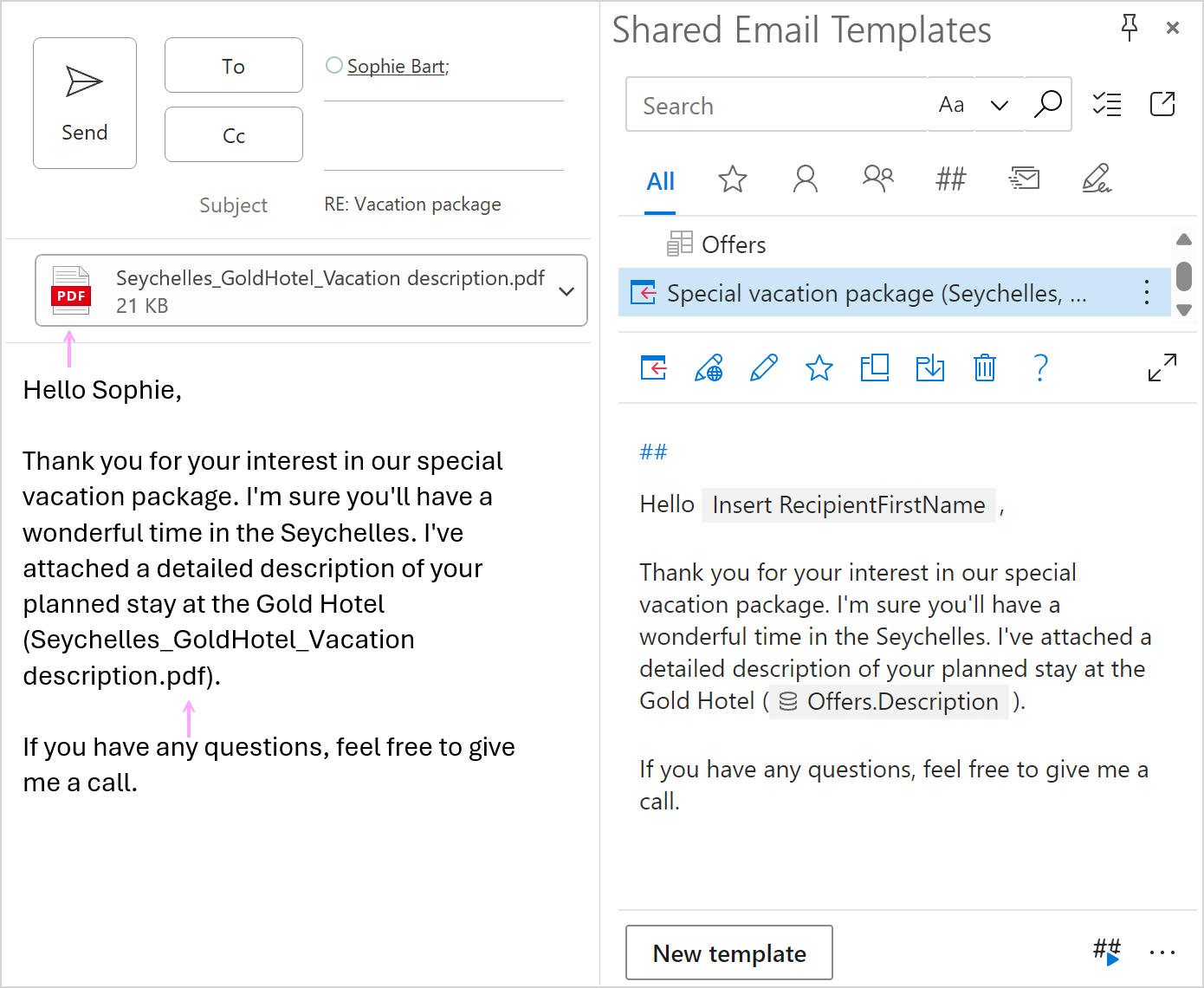 An Outlook email with an attached file and the file name inserted into the message body.