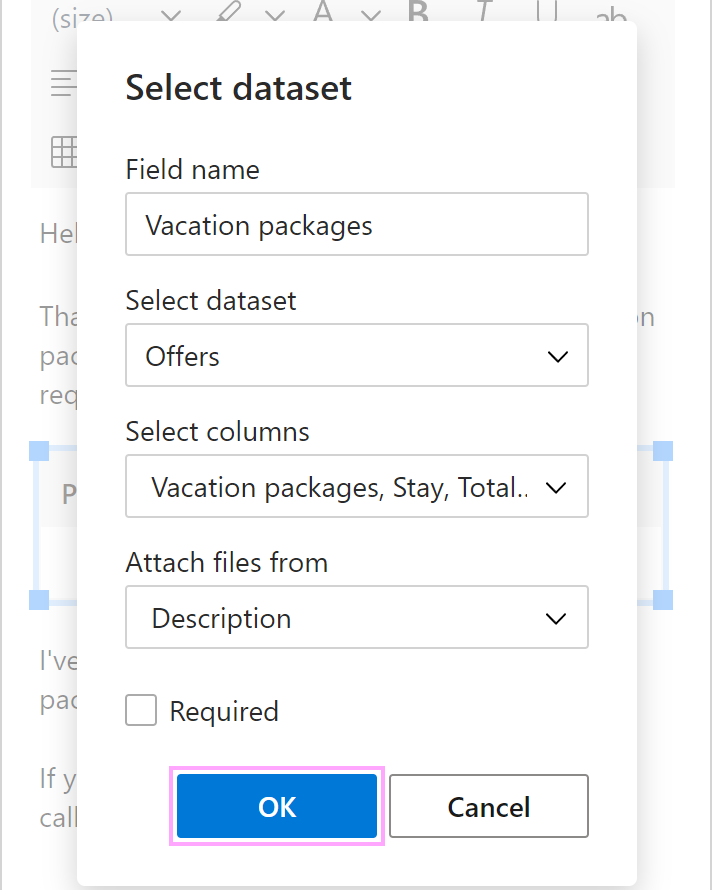 Choose a dataset and columns for the table.