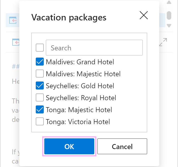 Select key values using a pop-up dialog.