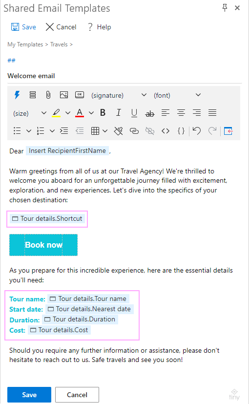 An email template with several macros to dynamically pull relevant data from a dataset. An email template with several macros to dynamically pull relevant data from a dataset.